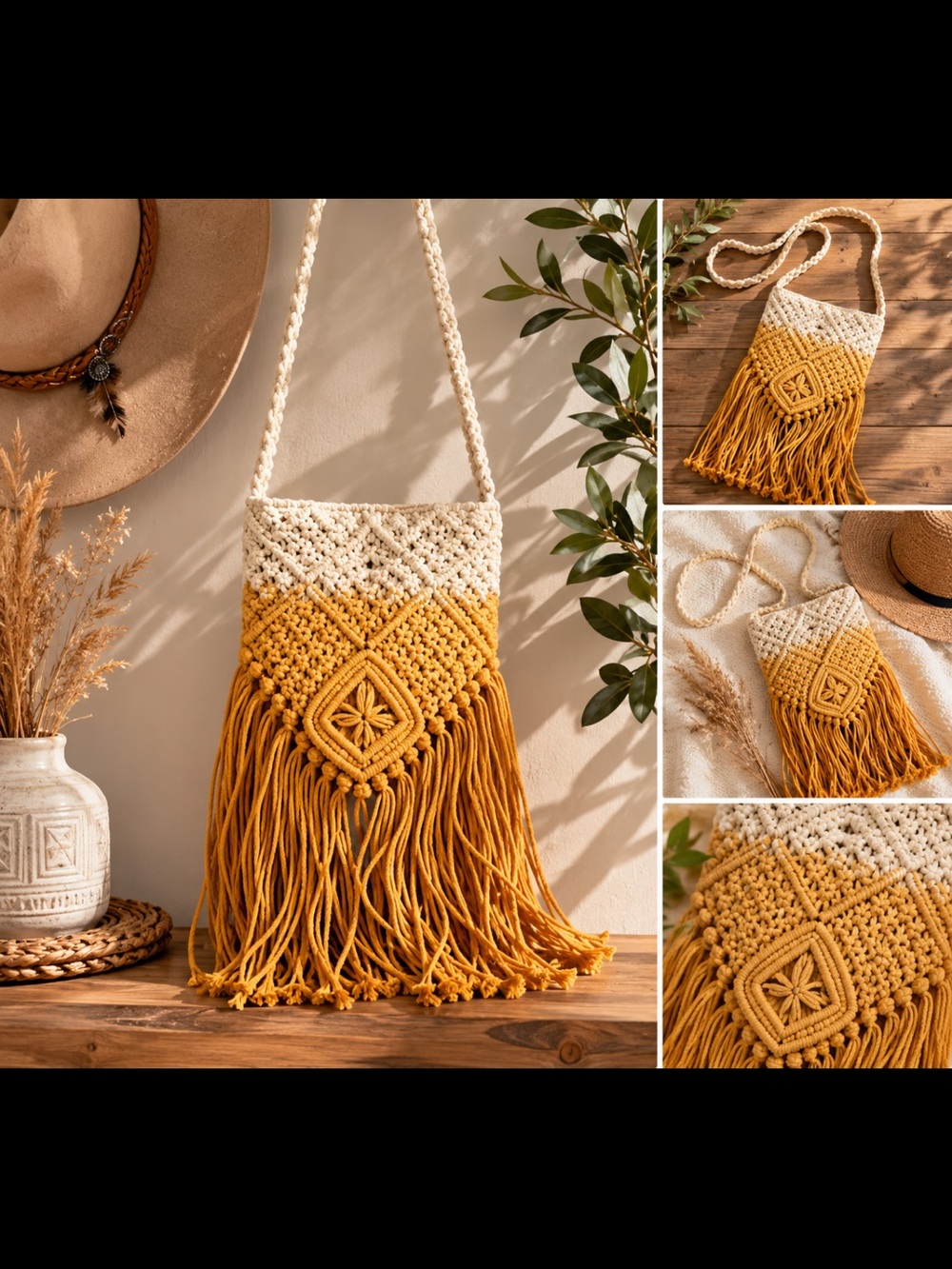 Boho Fringe Crossbody Bag – Macrame Style, Cream & Mustard